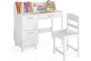 HONEY JOY Kids Desk and Chair Set, Wooden Children School Study Table and Chair w/Drawer, Storage Shelf & Cabinets, Student Computer Workstation Writing Desk for Bedroom, 3-8 Years Old (White)