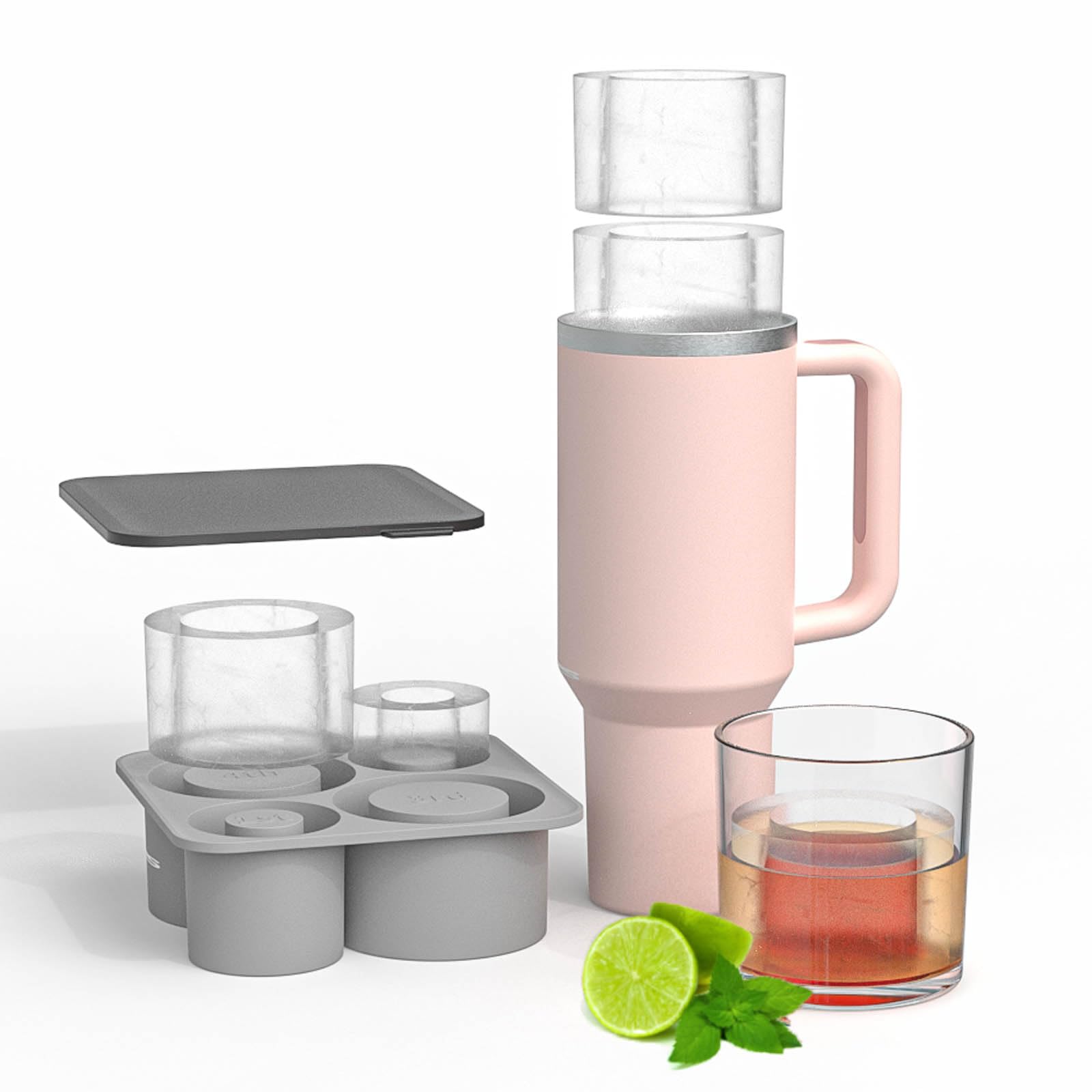 4 in 1Silicone ice Cube Mold Covers Cap Compatible with Stanley 20&30&40 Oz Cup，Dust-Proof Reusable Cylindrical Ice Mold Set，Large Ice Cube Tray with Lid (Grey)