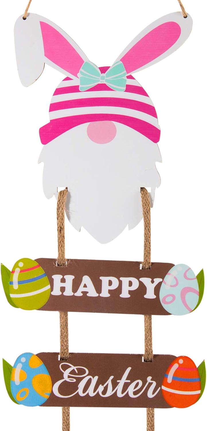 3 Pcs Easter Wooden Bunny Gnome Hanging Sign- Happy Easter Swedish Gnome Ornaments with Rustic Ropes Decorative Easter Theme Wood Sign Plaque for Easter Day Home Window Wall Door Decors Party Favors