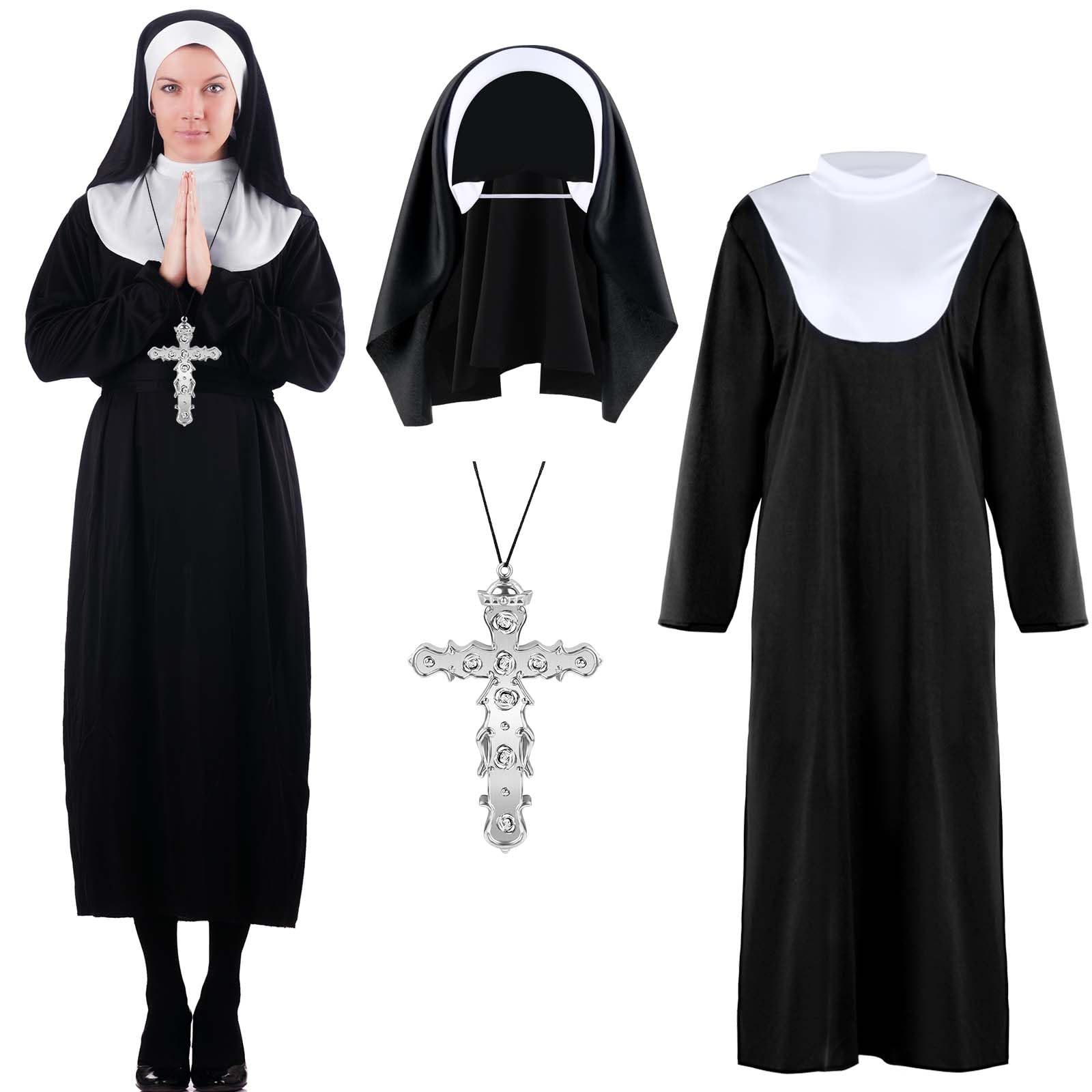 Bofeiya Nun Costumes for Women,Nun Costume Accessories Set- Nun Black Dress, Nun Headpiece, Nun Silver Necklace for Halloween Costumes Adult Women Fancy Dress Makeup