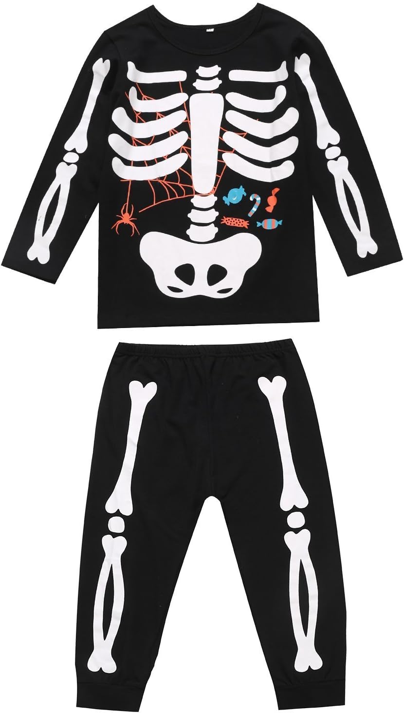 Kids Unisex Boys Girls Kids Halloween Pajama Skeleton Costume Outfit Pants Set