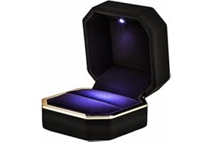 AVESON Luxury Ring Box, Square Velvet Wedding Ring Case Jewelry Gift Box with LED Light for Proposal Engagement Wedding, Black