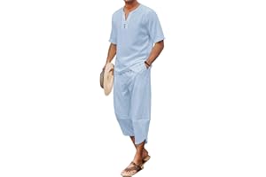 COOFANDY Men's 2 Pieces Linen Set Henley Shirt Short Sleeve and Harem Capri Pants Wide Leg Baggy Beach Yoga Trousers Outfits