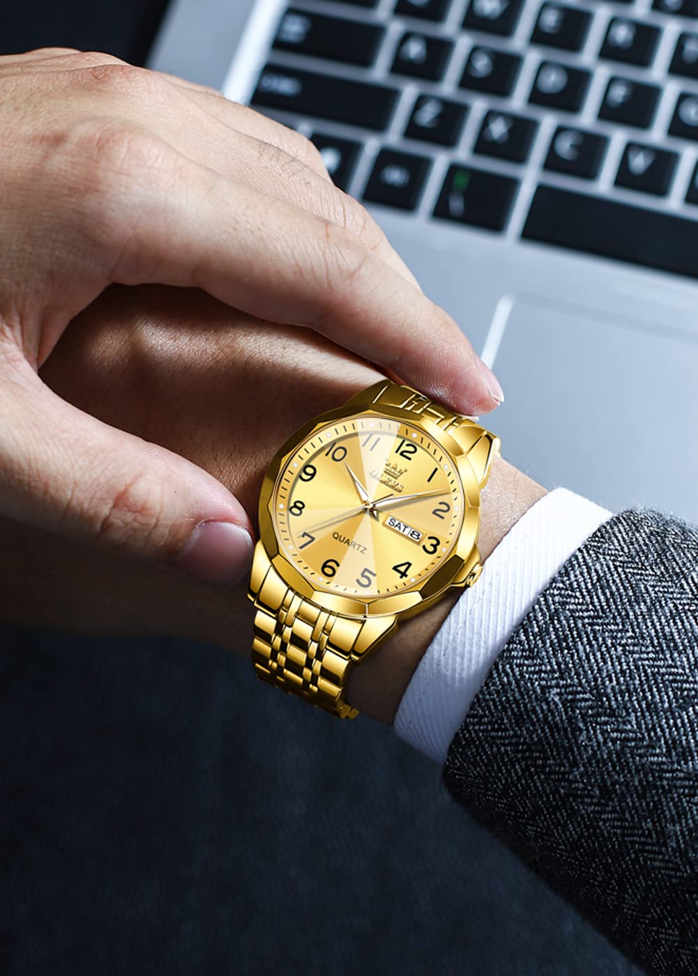 OLEVS Herrenuhren Gold Business Kleid Luxus Armbanduhr Luminous Leicht zu lesen wasserdichte Edelstahluhr für Männer 3