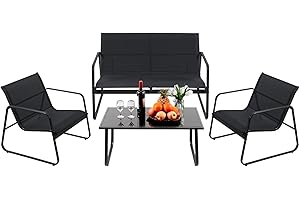 PAIQIAN 4 Piece Patio Outdoor Furniture Set with Strong Powder Coated Metal Frame One Love Seat, Two Single Chairs and one Table for Porch, Balcony, Backyad, Patio Conversation Set (Black)