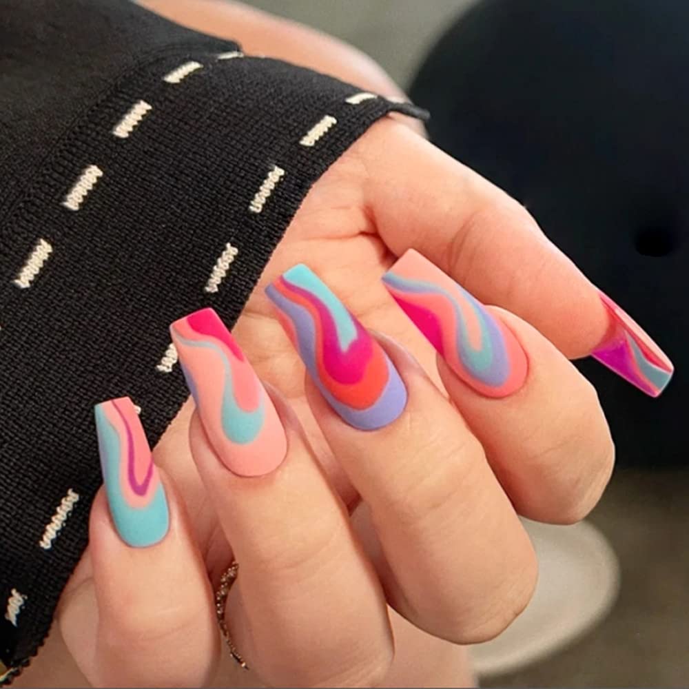 Photo 1 of 24 Pcs Square Press on Nails Medium Fake Nails Acrylic Nails Glossy Glue on Nails Full Cover Colour Stripe Press on Nails with Design False Nails for Women French Manicure