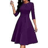 Nmoder Women's Cocktail Dresses, Semi Formal 3/4 Sleeve Tie Waist Wedding Guest Party Work Midi Dress with Pockets