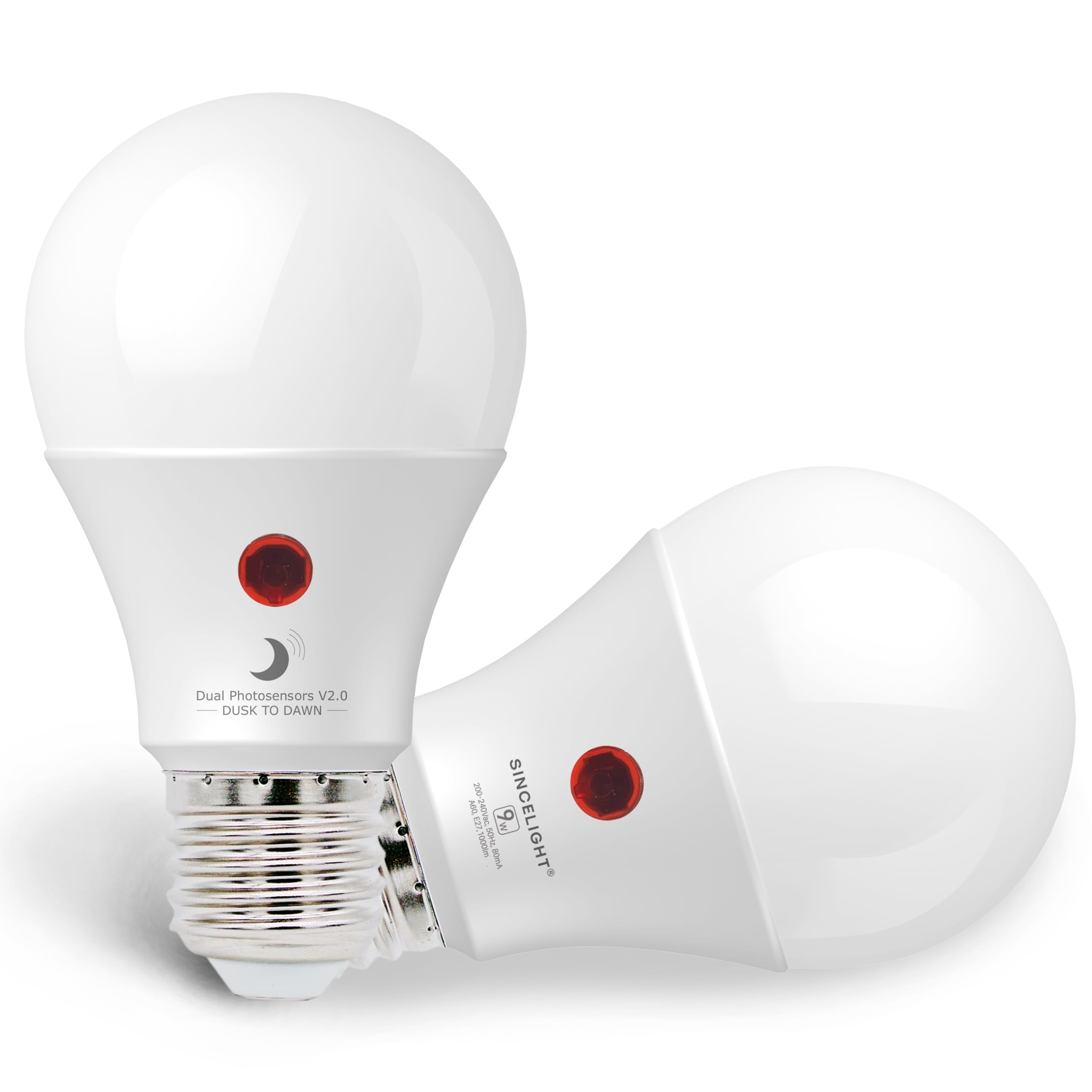 Dusk to Dawn LED Bulb with Dual Daylight Sensors· ON/Off Automatic Depends On Daylight Level · Night Light from Dusk Till Dawn · 9 Watt · 2 Pack