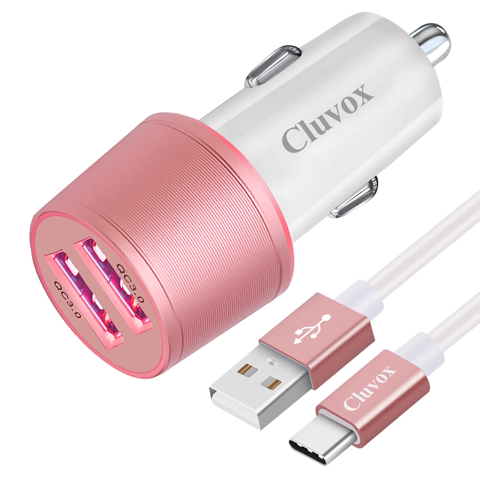 Fast USB C Car Charger, Compatible for Samsung Galaxy S22/S21/S20 Plus/Ultra/S20 FE/S10+/S10e/S9/S8/Note 10/9/8/A20/A50/A70 Quick Charge 3.0 Dual USB Rapid Car Charger with Type C Cord 3.3ft-Rose Gold