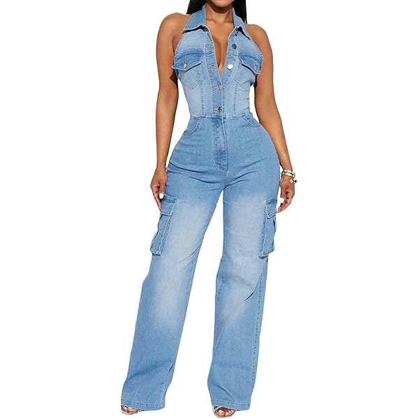 Amazon.com: Glkaend Womens Sexy Slim Fit High Waist Denim Jumpsuit