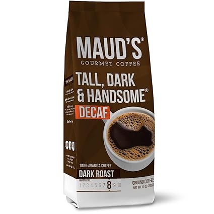 Amazon Com Maud S Decaf Tall Dark Handsome Decaf Ground Coffee Decaf Dark Roast Coffee 11oz Solar Energy Produced 100 Arabica Dark Roast Decaf Coffee Beans California Roasted Grocery Gourmet Food