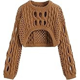 CIDER Cropped Sweaters for Women Knit Round Neckline Hollow Out Long Sleeve Crop Top Sweaters