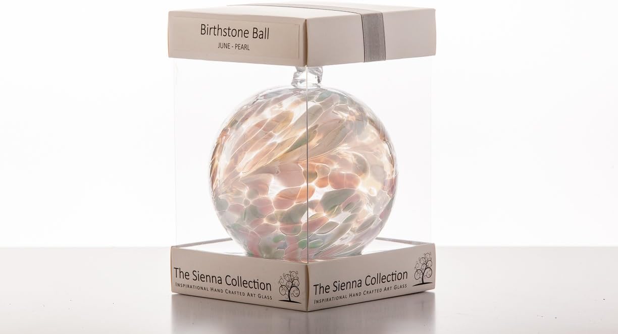 Sienna Glass June Birthstone Friendship Ball, 10cm Handcrafted Pearl-Coloured Glass Ornament with Ribbon - Image 4