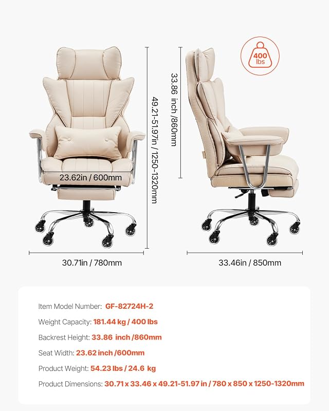 Silla de Ejecutiva de Oficina con Respaldo Alto Reposapiés Silla de Escritorio Ergonómica con Cojín de Espuma de Alta Resiliencia Silla Giratoria de Cuero PU para Trabajar, Estudiar, Marrón — foto 7 de 8
