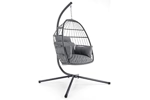 CHINNLUU Foldable Hanging Egg Chair with Stand Indoor Outdoor Swing Chair Rattan with Cushions Capacity 350lbs for Patio, Bedroom, Garden and Balcony