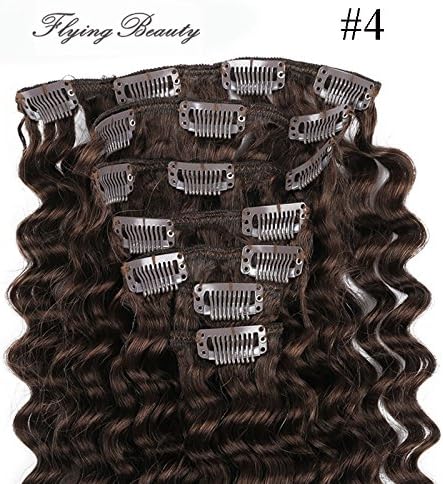 Deep Curl Deep Wave Brown Brazilian Clip in Hair Extensions 100% Remy Human Hair 20 Inches(50cm) 80g 7pcs/set, Color (#4 medium brown)