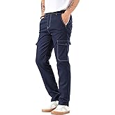 Plaid&Plain Mens Cargo Pants Slim Fit with Contrasting Topstitching and Multi-Pocket