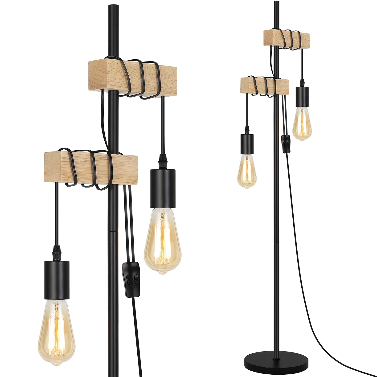 Industrial Floor Lamp for Living Room, Rustic Farmhouse Reading Lamp with Solid Wood, 66” Edison Standing Lamp for Bedroom Home Office