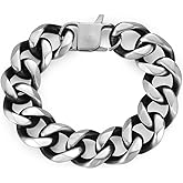 BIYONGDE Mens Heavy Duty Stainless Steel Curb Chain Bracelet, 18MM Wide Silver Color Cuban Link Chain Bracelet with Matte Finish, Punk Rock Vintage style