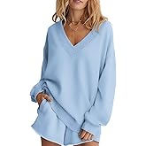 Ovanviso Womens Fleece Lined V Neck Sweatshirts Oversized Pullover Trendy Fashion Sweater Loose Fit Tops