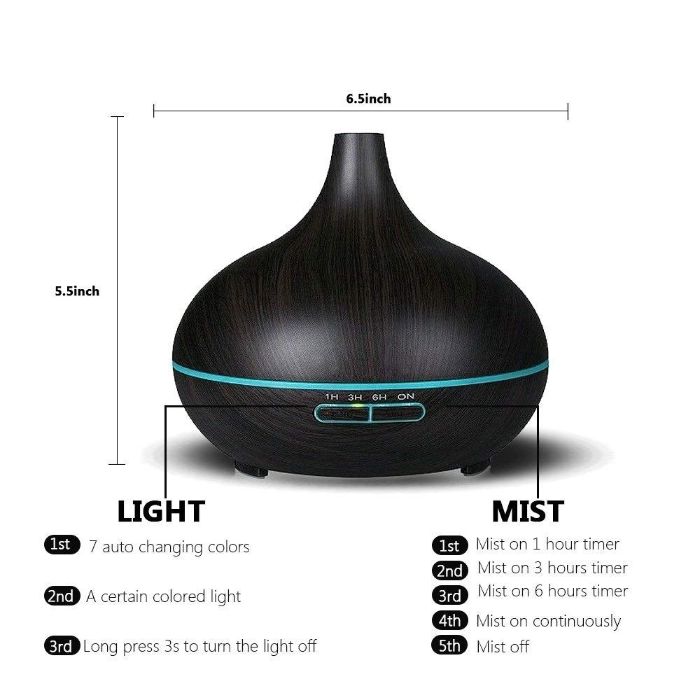 Essential Oil Diffuser, 300ml Cool Mist Ultrasonic Aroma Diffuser, Air Humidifier Wood Grain with Waterless Automatically Shut-off for Office Home Yoga Spa-Black