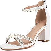 Latasa Women's Pearl Heels 3 Inch Chunky Block Heels Ankle Strap Wedding Party Prom Dressy Sandals with Back Zipper