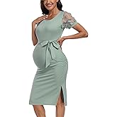 Floral Mesh Bishop Short Sleeve Maternity Midi Dress, Side Split Maternity Bodycon Dress for Baby Shower/Photoshoot
