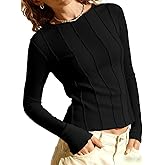 Tankaneo Womens Fitted Long Sleeve Shirts Ribbed Knit Going Out Tops Y2k Trendy Casual Crew Neck Tees Shirts