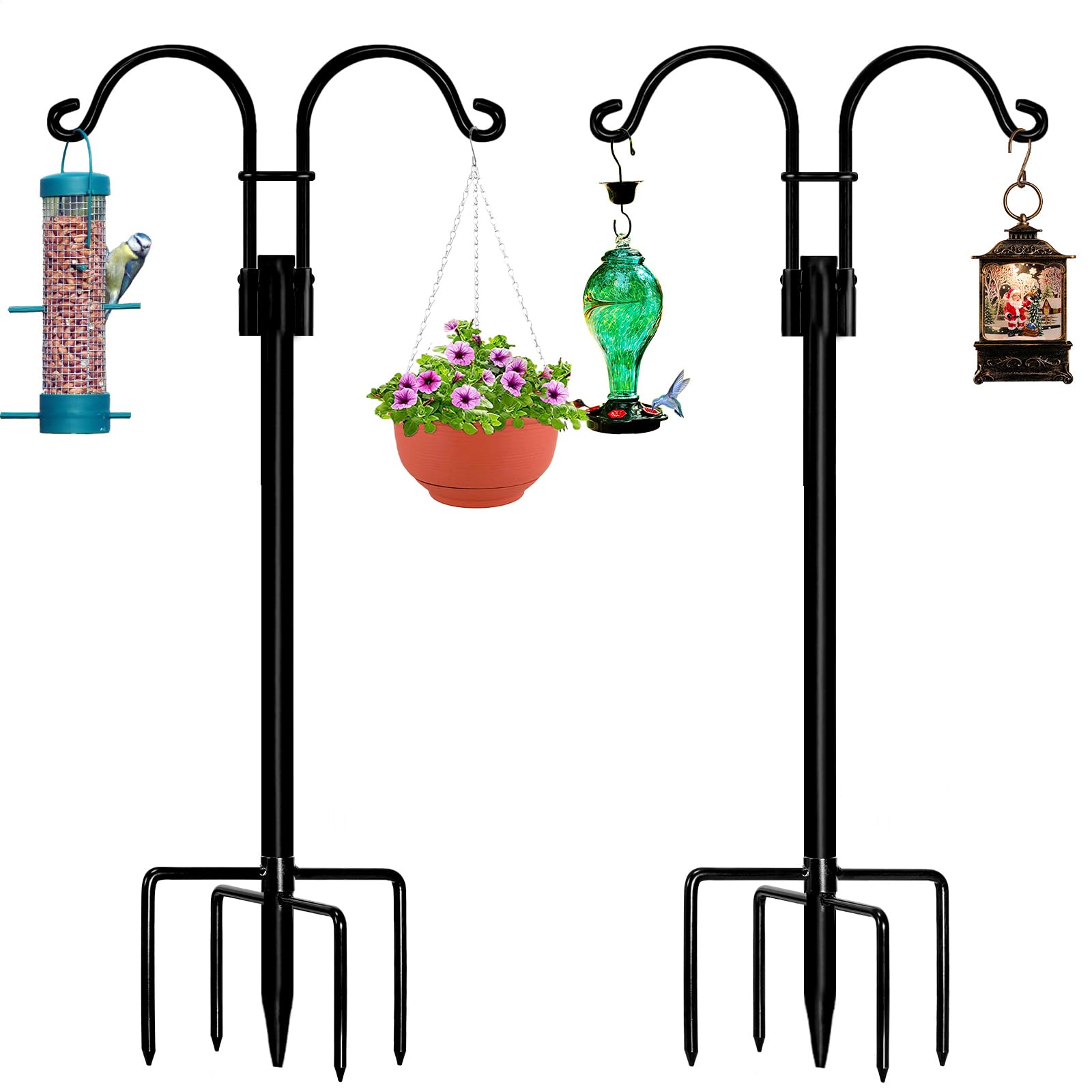 Photo 1 of STAUKOK Double Shepherds Hooks for Outdoor, 2 Pack 76 Inch Bird Feeder Pole with 5 Prongs Base, Heavy Duty Garden Hook for Hanging Plant, Lantern, Hummingbird Feeder