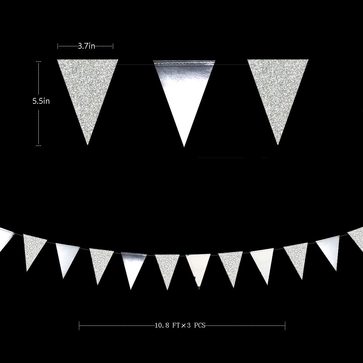 30 Ft Silver Party Decorations Glitter Metallic Paper Triangle Banner Flag Garland Pennant Bunting for Wedding Engagement Graduation Anniversary Bachelorette Birthday Baby Bridal Shower Party Supplies - Image 3