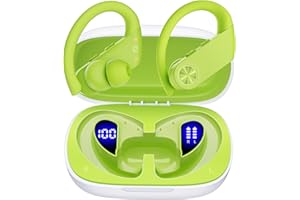 PocBuds Wireless Earbuds Bluetooth Headphones 110Hrs Playback Sports Ear Buds with 2200mAh Charging Case & Dual Power Display Over-Ear Stereo Bass Earphones with Earhooks for Running Workout Green