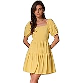 Allegra K Puff Sleeve Square Neck Dresses for Women Tie Back Casual Mini Sundresses
