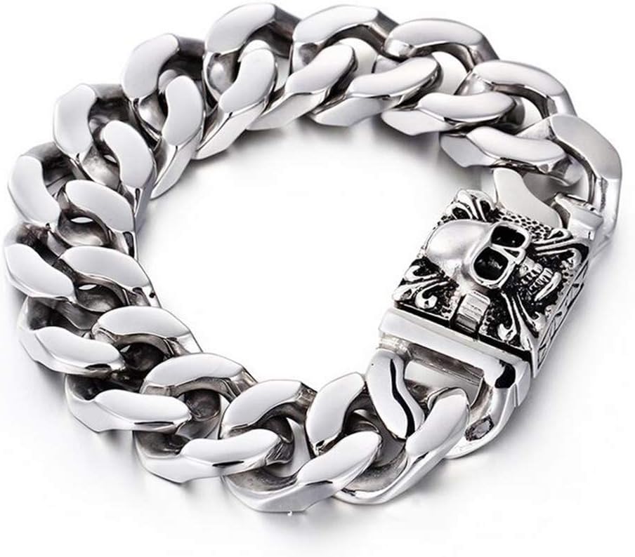 Qiaonitu Jewelry 23mm Large Heavy Mens Stainless Steel Curb Cuban Chain Skull Bracelet Biker Gothic Bracelets High Polished