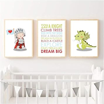 Moderne Cartoon Ritter Poster Und Drucke Kinderzimmer Wandkunst Baby Boy Leinwand Malerei Zitat Bilder Fur Raumdekor Bilder Kinderzimmer Babyzimmer Deko Amazon De Kuche Haushalt