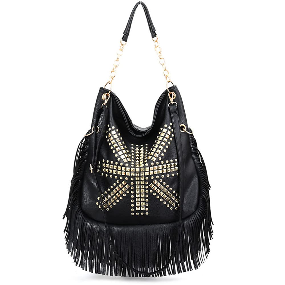 Photo 1 of (strap broken) Teanea PU Leather Fringe Hobo Bag Large Studded Handbag Crossbody Bag for Women, Black