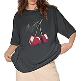 Tuislay Oversized Tshirts for Women Cherry Graphic Tees Vintage Aesthetic Shirts Baggy Print T-Shirt Cute Summer Tops Trendy(Deep Gray,XL)