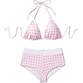 SHENHE Women's Y2k Gingham Bow Bikini Set 2 Piece Triangle Halter Boyshort Swimsuit Swimwear