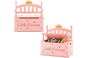 Costzon Wooden Toy Box, 2 in 1 Toy Chest Storage Bench Seat with Safety Hinged Lid, Kids Toy Storage Organizer for Playroom Bedroom, Children's Furniture, Pink