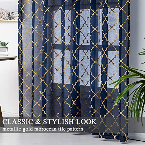 Kotile Navy Blue Sheer Curtains84 Inch Length Metallic Gold Foil