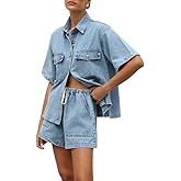 Molilove Women's Denim 2 Piece Outfits Short Sleeve Button Down Shirt Drawstring Shorts Set Casual Jean Outfits Two Piece Set