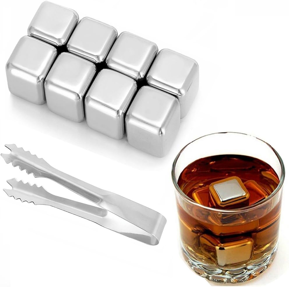 ELSKY Food Grade Stainless Steel Cooling Cubes, Deluxe Whiskey Stones, Reusable Ice Cubes Chilling Frozen Rocks for Wine, Beer, Beverage Juice - Pack of 8 with Tip Tongs