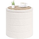 PINPLUS Round Storage Ottoman Foot Rest Stool with Tray Velvet Sherpa Folding Storage Ottoman,Boucle Foot Rest for Living Room, Bedroom, Dorm,White Color