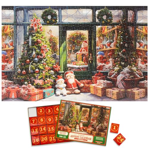 Christmas Advent Calendar 2025 Puzzles with 1:1 Reference Poster - 1000 Pieces Xmas Shop Jigsaw for Kids and Adults, 24 Boxes Countdown Calendar to Christmas Family Toys Gift, 27.6 in x 19.7 in