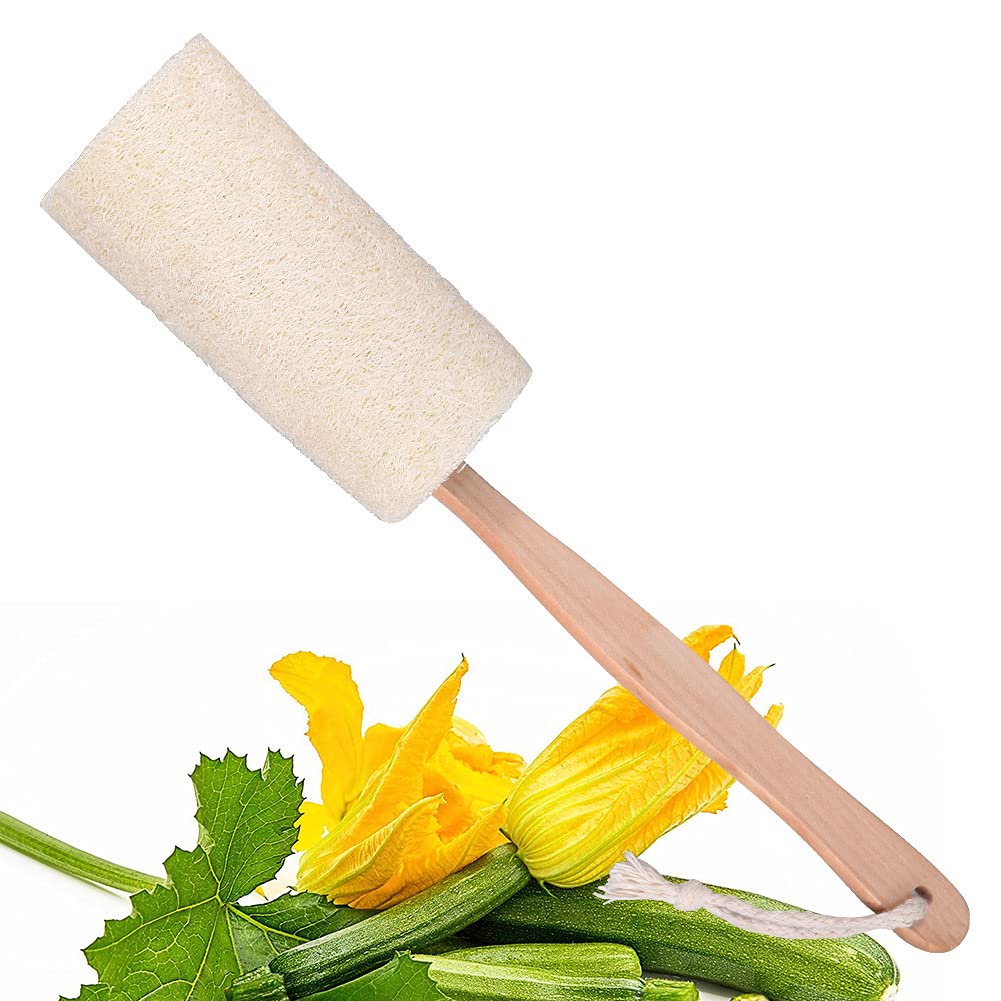 Long Handle Loofah Back Scrubber - Natural Loofah Sponge on a Stick, Wooden Body Brush, Exfoliating Bath Scrubber