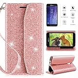 Samsung Galaxy J7 Refine Case Wallet,Galaxy J7 2018 Case,J7V J7 V 2nd Gen/J7 Star Case Wallet w/Screen Protector,CaseRoo [Kickstand][Card Slots][Wrist Strap] Glitter Cover w/Cosmetic Mirror-Rosegold