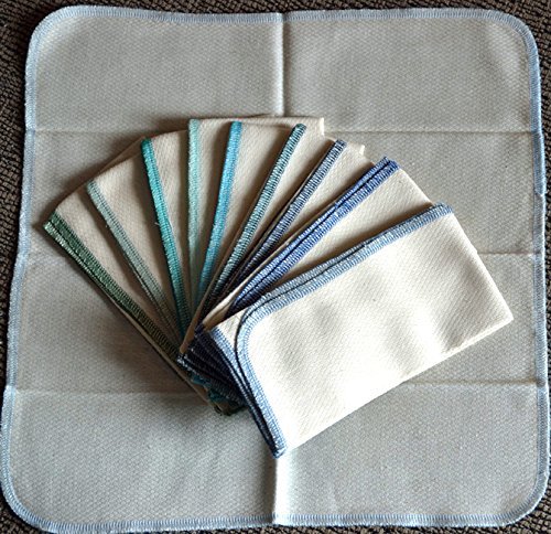 Large Paperless Towels, 1-Ply, Made from Natural Unbleached Cotton Birdseye Fabric - 14x14 inches Set of 10 in Assorted Blues and Greens