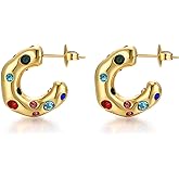 FRUMOS Gold Earrings for Women Girls,14K Gold Plated Hoop Earrings with 925 Sterling Silver Post Cubic Zirconia Stud Earring Huggie Hoops Earrings