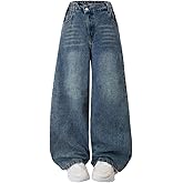 Nivne Tco Tween Girls Wide Leg Jeans, Zipper Washed Asymmetrical Waist Vintage Baggy Denim Pants with Five Pockets