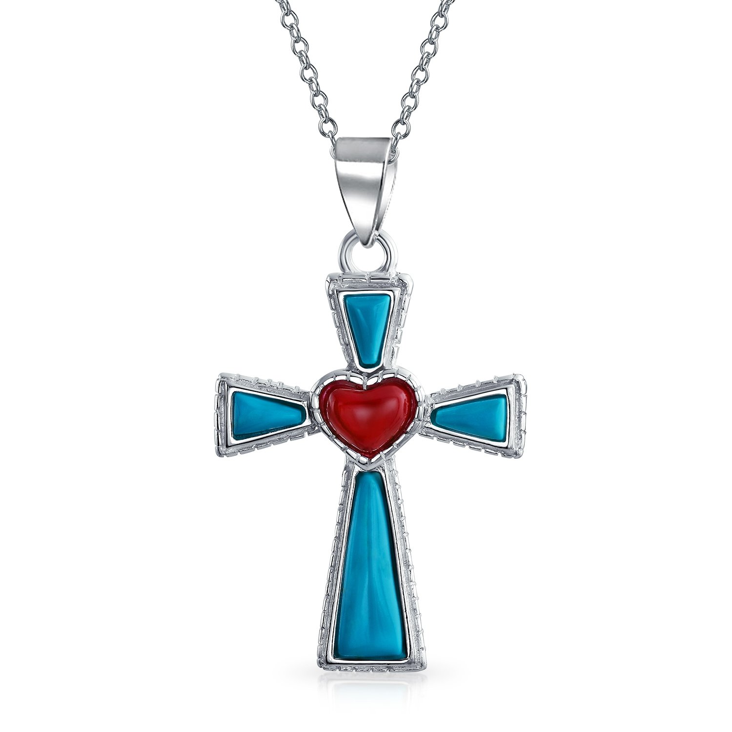 Bling Jewelry South Western Style Gemstone Blue Stabilized Turquoise Red Heart Cross Pendant Religious .925 Sterling Silver Necklace For Women Teen — image 1