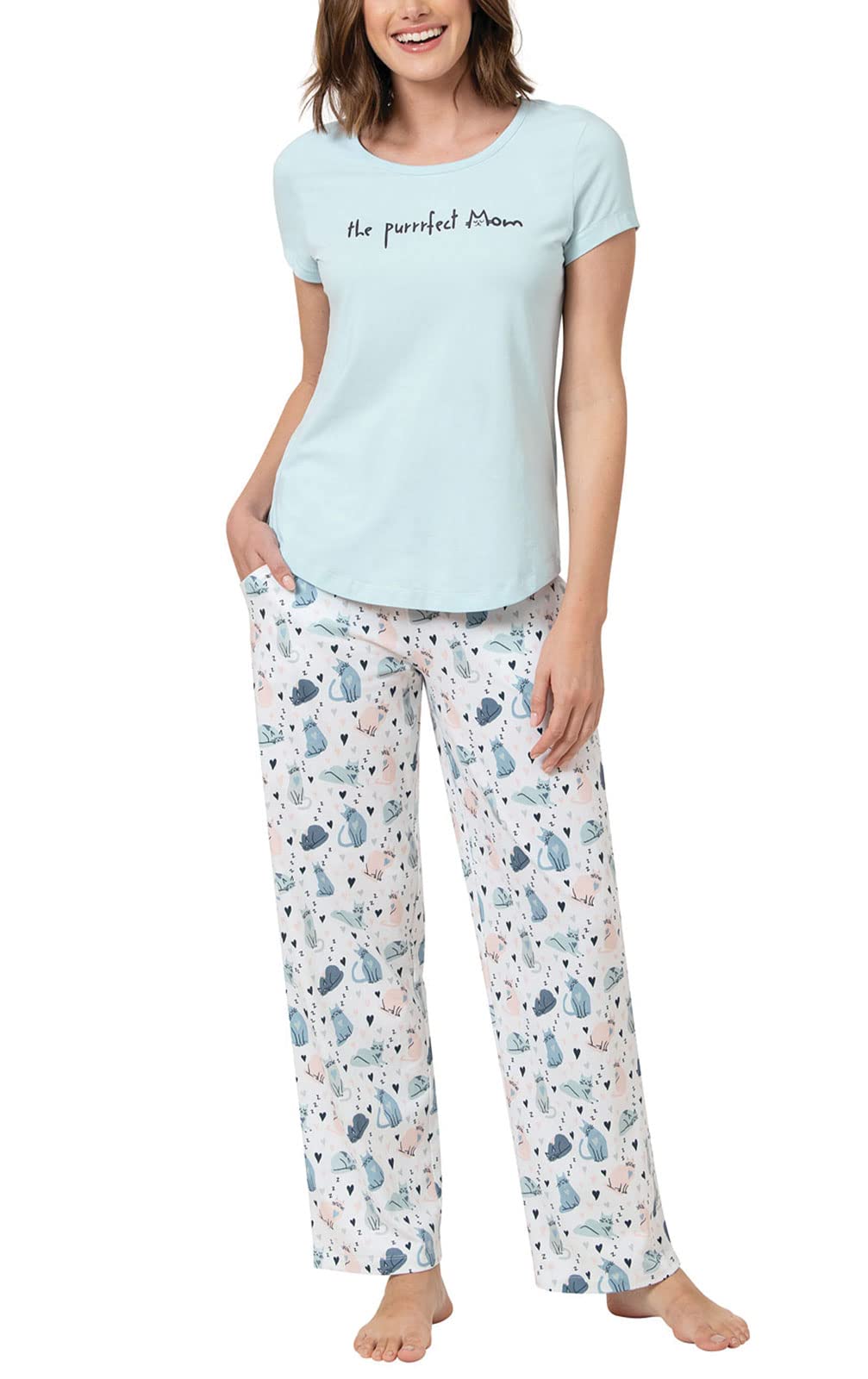 PajamaGram Women’s Pajamas - Cat Pajamas For Women, Blue Cat, MD Image